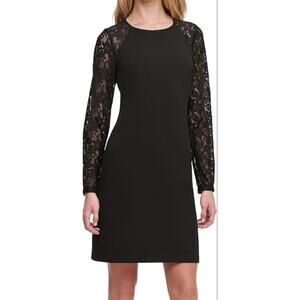 Tibi Black Lace Gold Long Sleeve Shift Dress